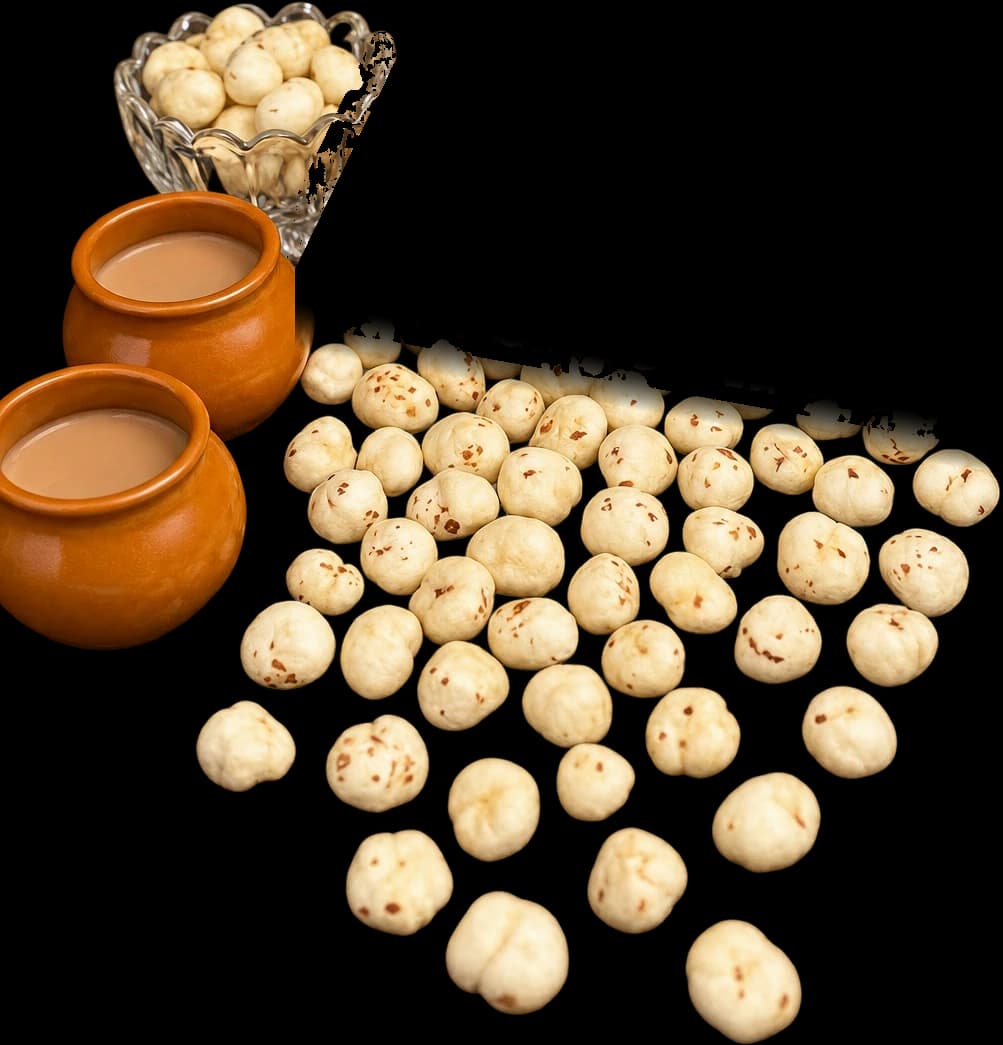 Two kulhads of chai with roasted makhana spilled beside them