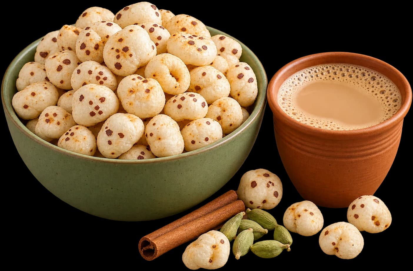 Green bowl of roasted makhana beside a kulhad of chai, with cinnamon and cardamom